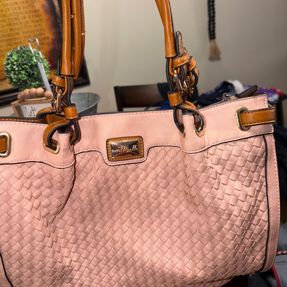 Simply Noelle Blush Pink Woven Tote with Tan Handles